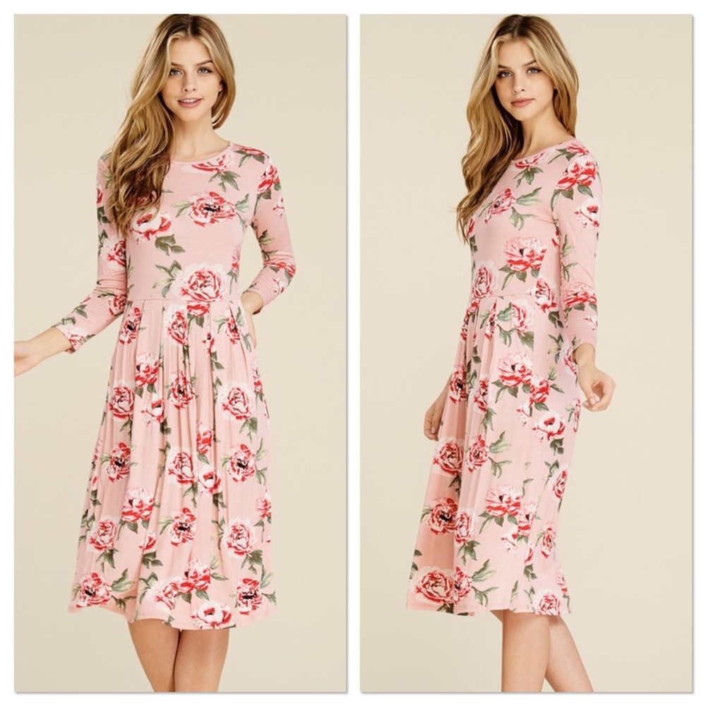 Blush Floral 3/4 Sleeve Dress - Picture 1 of 5